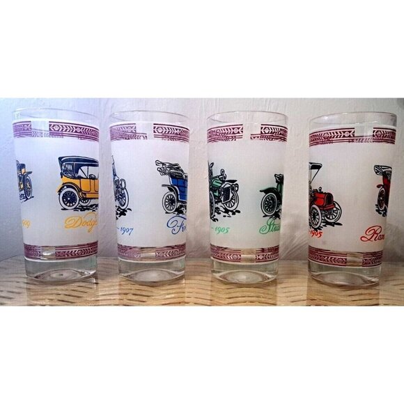 Vinage Set of Four Double Old Fashion Glasses Antique Cars - Picture 2 of 14